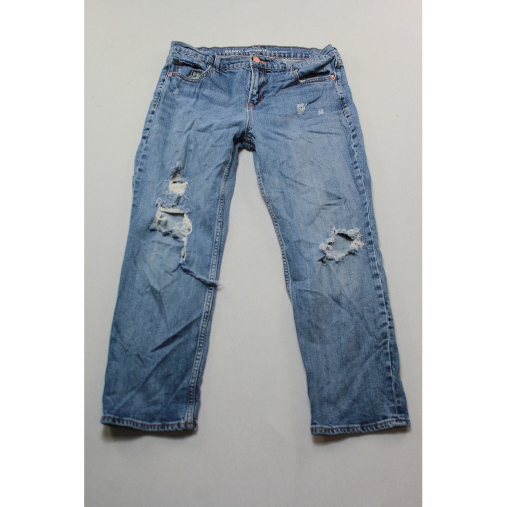 Old Navy Boyfriend Straight Jeans Women 10 Short Blue Good Distressed Denim